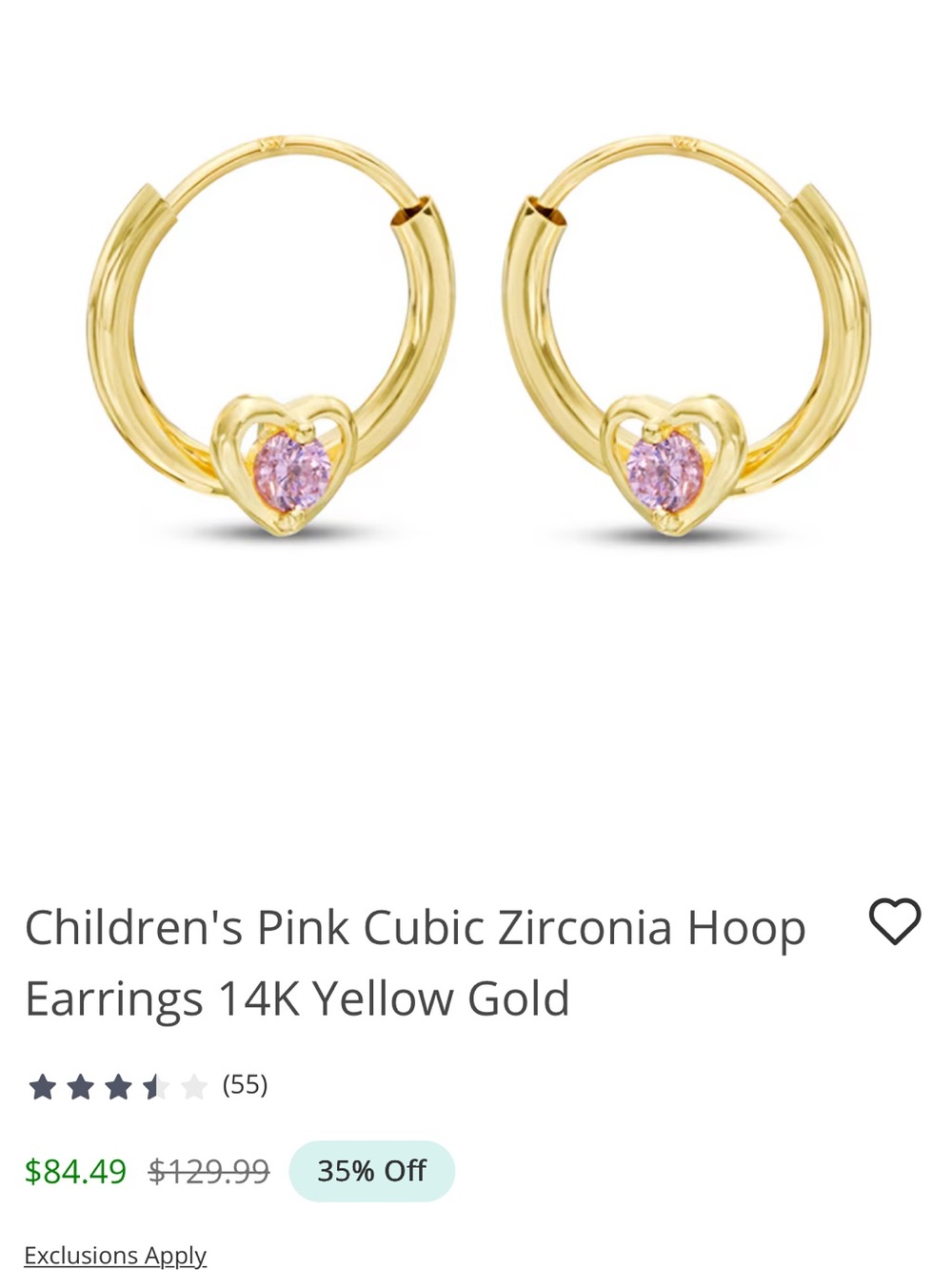 Children's Pink Cubic Zirconia Hoop Earrings 14K Yellow Gold
